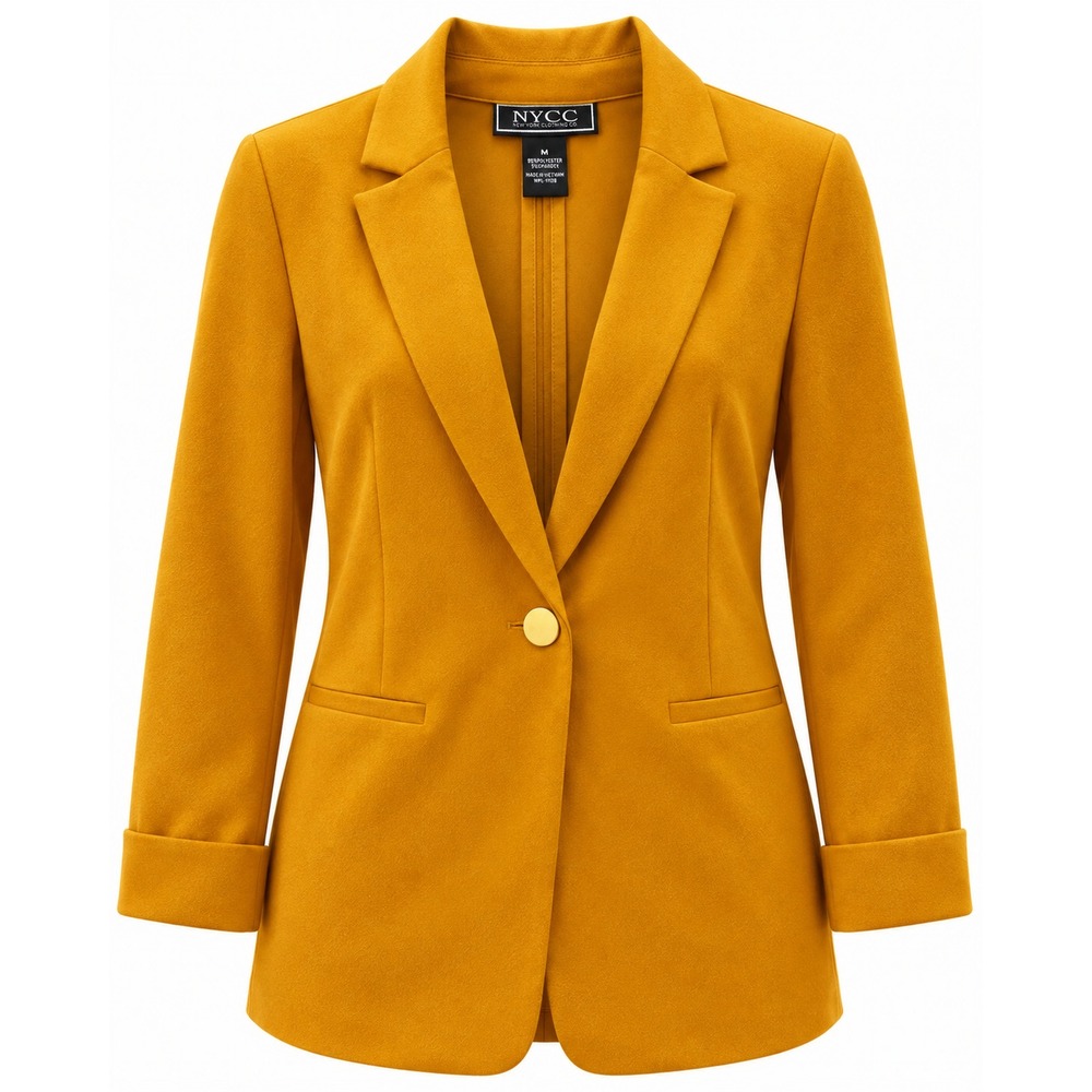 NYCC Womens Mustard Yellow Stretch Blazer M Single Button Cuffed Sleeves Career
